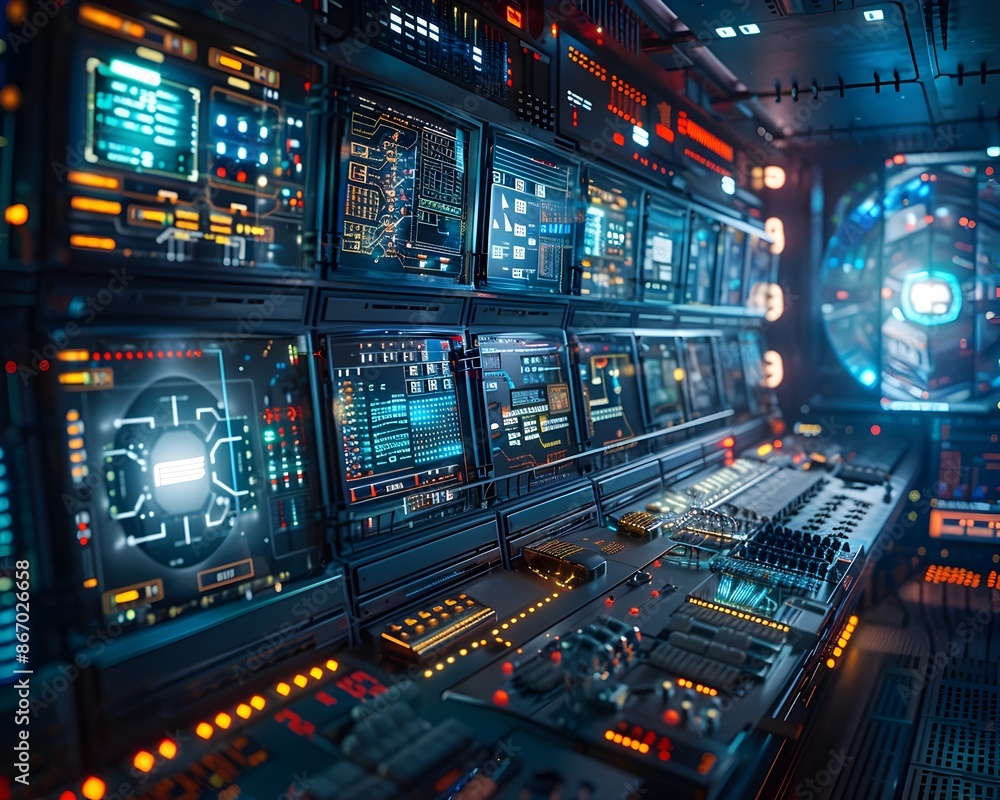 Poster futuristic high tech control room with electric currents running through various devices