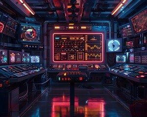 High Tech Control Room with Electric Currents and Futuristic Interfaces