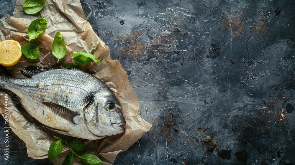 Poster fresh sea bream on rustic table top view with copy space