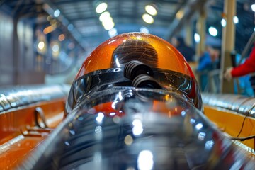 Shiny bobsleigh with orange glass roof standing in hangar waiting for start of competition