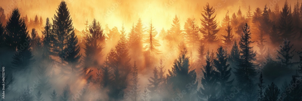 Poster A serene forest landscape at dawn with the first morning rays casting a golden glow through the mist, creating a magical and peaceful atmosphere. Generative AI