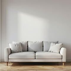 modern living room with grey sofa in front of empty white wall