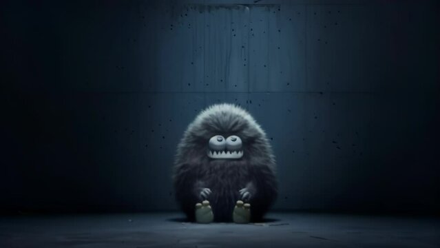 Fuzzy, dark creature with glowing eyes sits in dimly lit room. Round body and stubby limbs create endearing silhouette. Contrast between cute form and eerie setting evokes both charm and unease. 