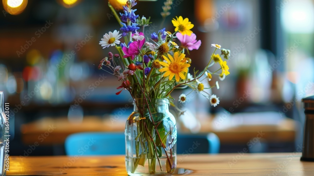 Poster a selection of wildflower stems casually arranged in a mason jar bringing a pop of color to a relaxe