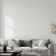 modern living room with grey sofa in front of empty wall
