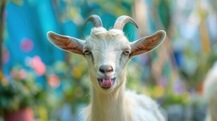 closeup portrait of mischievous goat sticking out tongue vibrant colors quirky animal personality