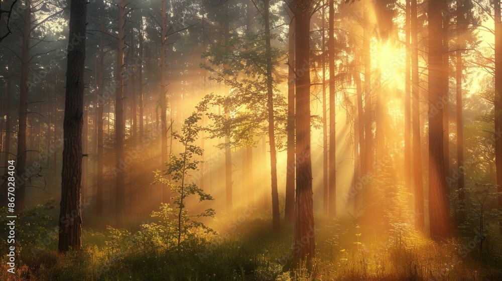 Poster a serene forest landscape bathed in the golden light of dawn, with mist adding a magical touch. gene