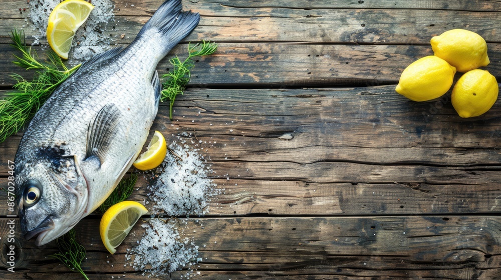Poster fresh sea bream on rustic table top view with copy space