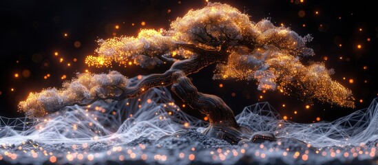 Glowing Bonsai Tree in a Digital Landscape