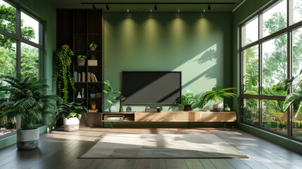 Modern living room interior design with green wall and biophilic design elements. Concept of sustainable living, home decor, and tranquility.