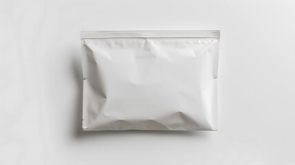 Minimalist white packaging pouch on a plain background