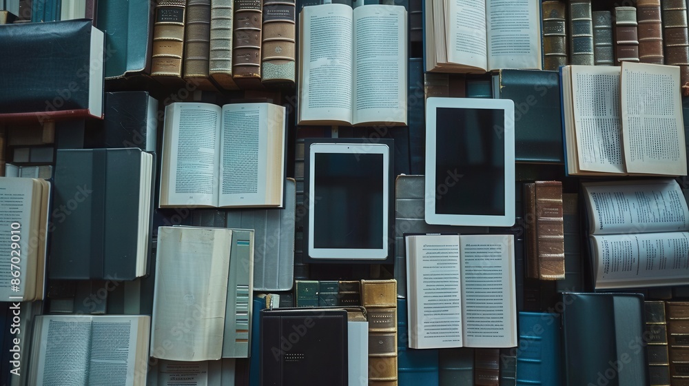 Fototapete Close-up shot of digital tablets and e-readers displaying educational content, surrounded by traditional textbooks, signifying the modern shift towards digital learning. Generative AI