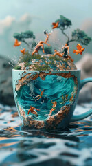Generate a three-dimensional landscape image of a coffee cup placed at an angle. Inside the coffee cup, depict people joyfully swimming, creating a lively scene