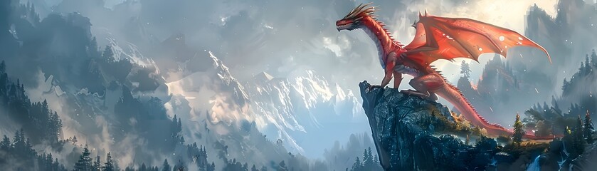 Majestic Dragon Roaring on Cliff Amidst Misty Mountain Landscape