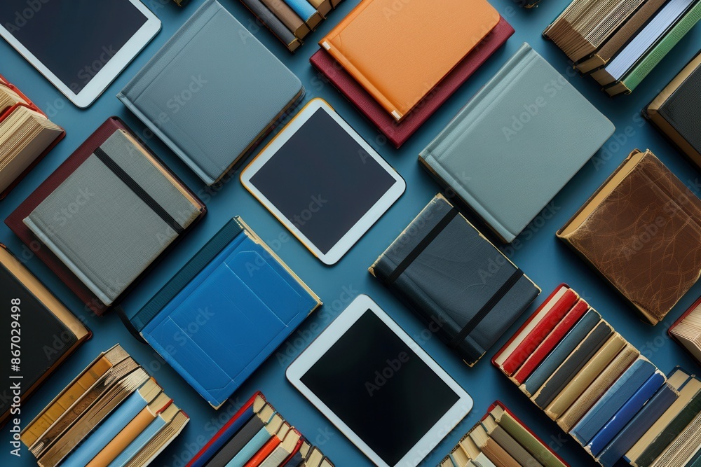 Aufkleber A flat lay showcasing tablets and e-readers displaying educational materials against a blue background. Generative AI