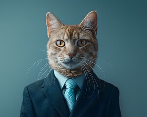 Confident Feline Business Executive Wearing Stylish Suit and Tie in Corporate Office Environment