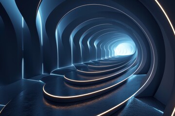 Obraz premium Futuristic glowing blue tunnel interior with abstract architecture. Concept of science fiction, technology, and the future.