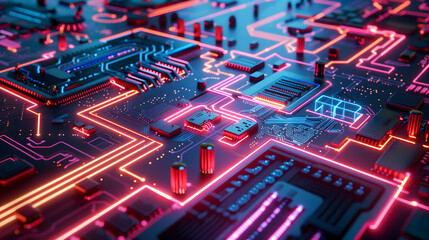 Obraz premium A futuristic circuit board illuminated with neon lights