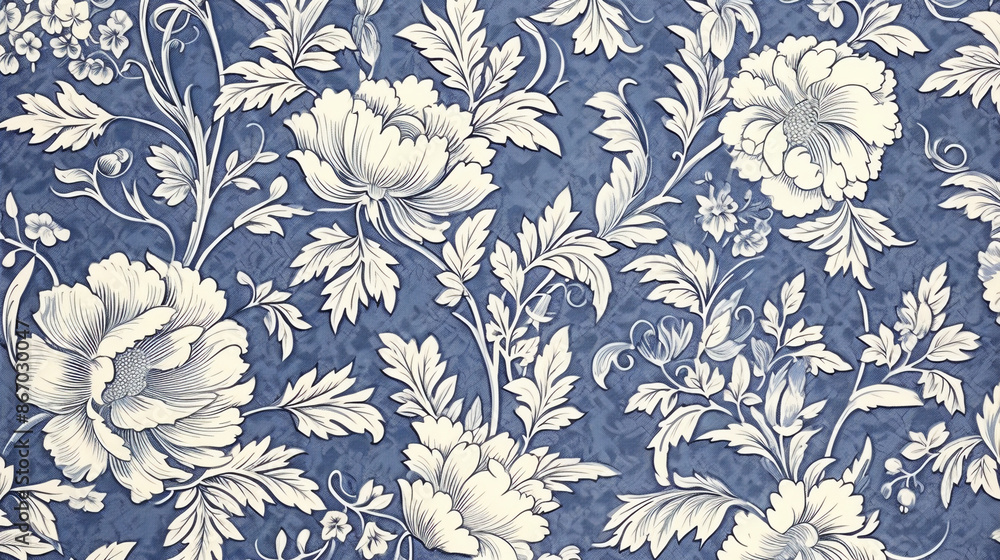 Wall mural a beautiful antique french floral pattern, dark blue and white ink on paper,floral line art, floral 