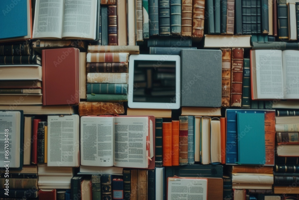 Leinwandbilder a flat lay of tablets and e-readers surrounded by books representing modern digital learning. genera