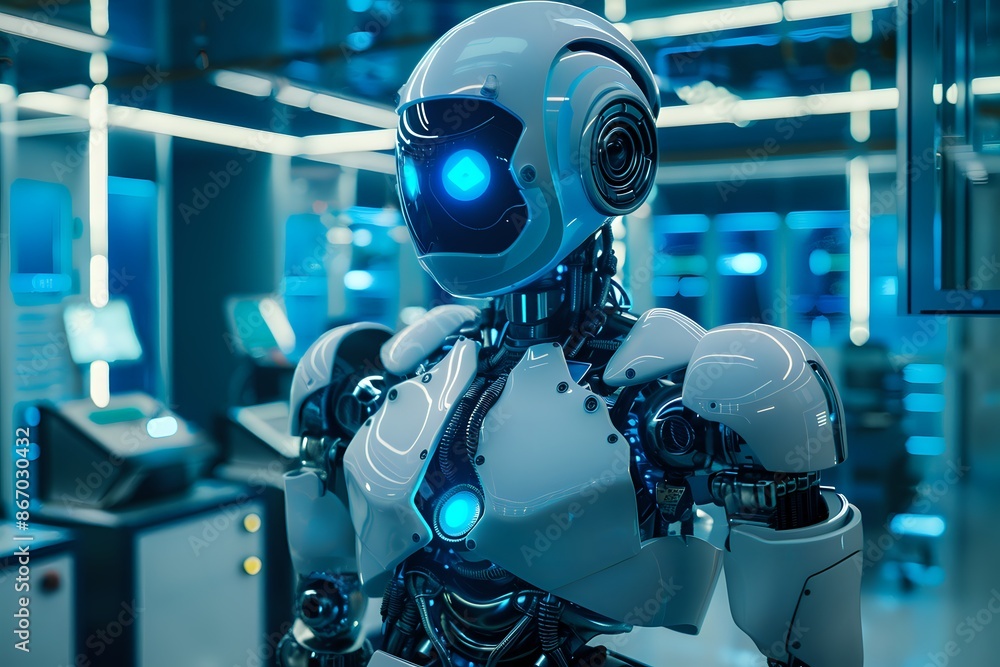 Poster futuristic humanoid robot in a high-tech laboratory. concepts of artificial intelligence, automation