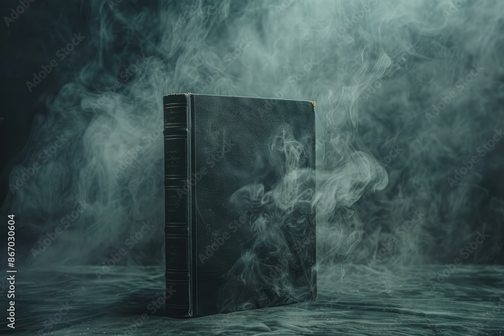 Poster ancient book with smoke emanating from pages on a dark background creating a mysterious atmosphere