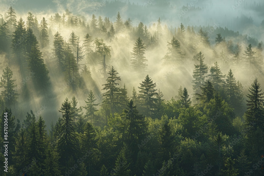 Aufkleber a breathtaking view of a forest landscape at dawn, with sunlight filtering through the mist and illu