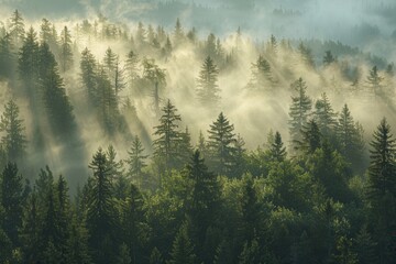 A breathtaking view of a forest landscape at dawn, with sunlight filtering through the mist and illuminating the tall evergreen trees. Generative AI