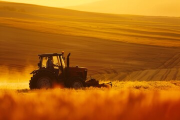 Fototapeta premium Sunset Tractor Silhouette on a Golden Field