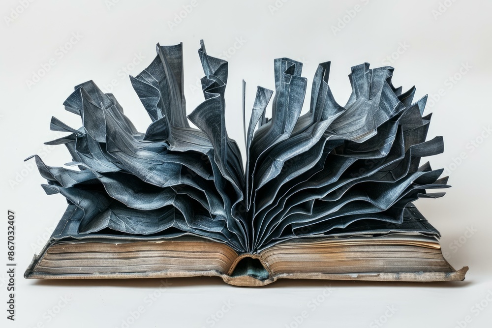 Poster antique book with blue paper exploding from its pages, creating an abstract shape