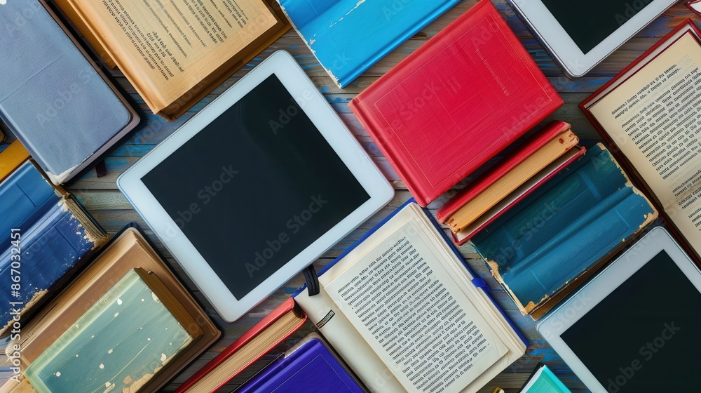 Poster a flat lay image showcasing tablets and e-readers displaying educational content. the background fea