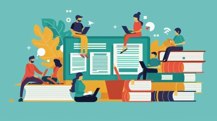 Modern Education: Group of People Studying with Laptops and Books
