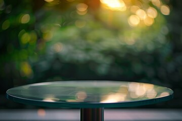Obraz premium Elegance in Emptiness: Hasselblad-Captured Showcase of an Empty Glass Table Top with Outdoor Vibes Background