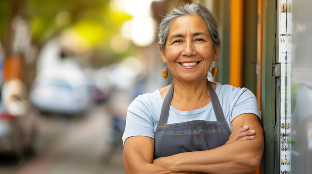 Portrait of mature Hispanic businesswoman, standing outside of her shop, small business owner concept, copy space