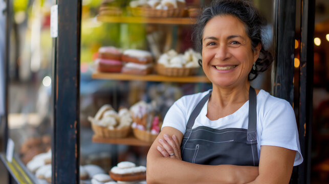 Portrait of successful Hispanic businesswoman, standing in front of her bakery, small business owner concept, copy space