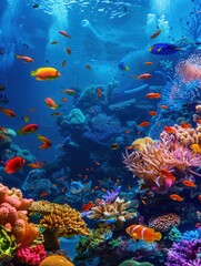 Naklejka premium A vibrant underwater scene featuring a variety of colorful fish swimming amidst intricate coral formations. Generative AI