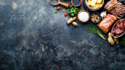 Keto diet with animal products and fats on dark stone backdrop