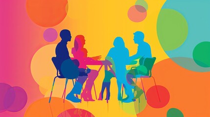 Silhouettes of People in Conversation Against Vibrant Background