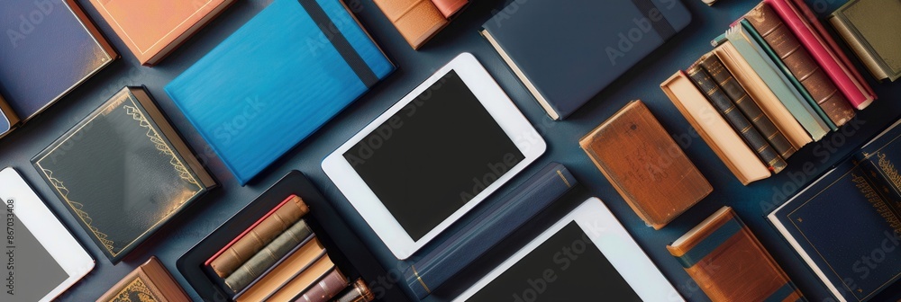 Poster a modern flat lay with tablets and e-readers displaying educational content, perfect for online scho