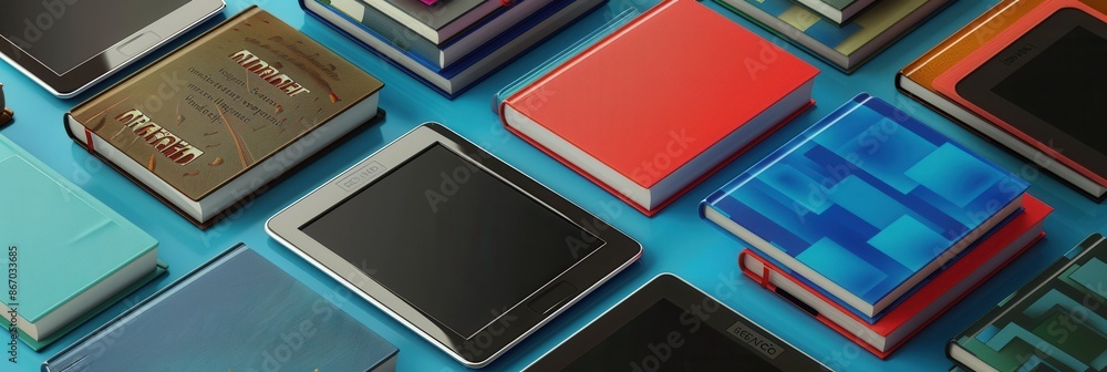 Fototapete A close-up image of tablets and e-readers displaying educational materials and e-textbooks, showcasing the modern landscape of digital learning. Generative AI