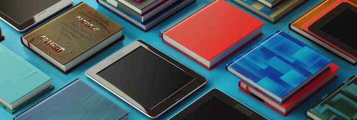 Fototapeta premium A close-up image of tablets and e-readers displaying educational materials and e-textbooks, showcasing the modern landscape of digital learning. Generative AI