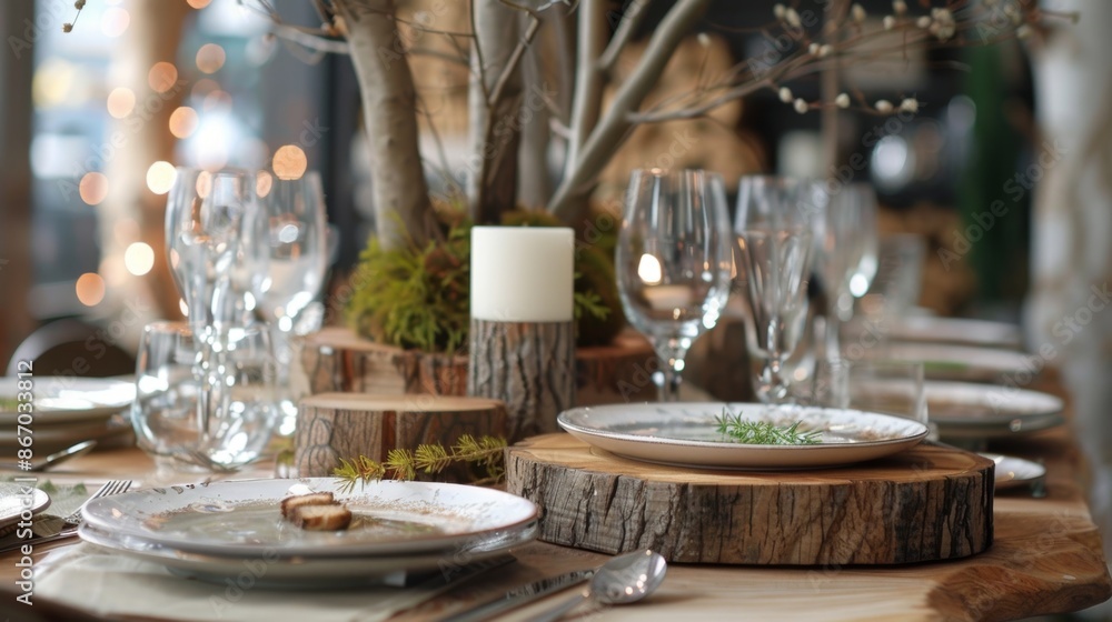 Poster natural elements like tree stumps and branches serving as unique serving platters and utensils addin