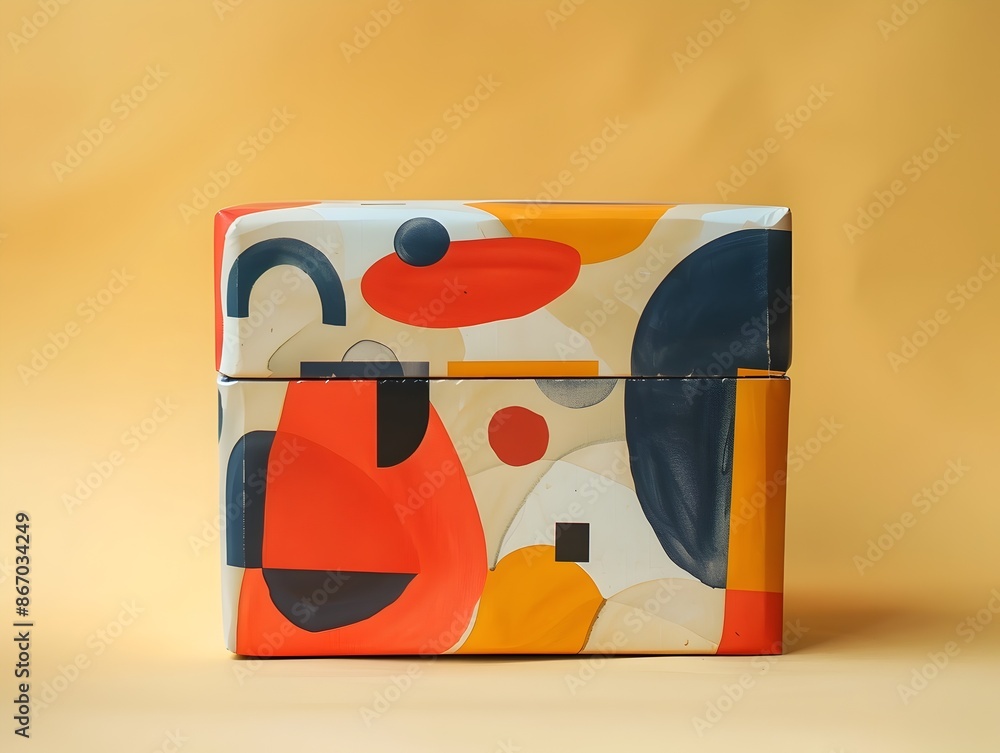 Poster artful parcel box with abstract patterns and bold colors conceptual package design with copy space