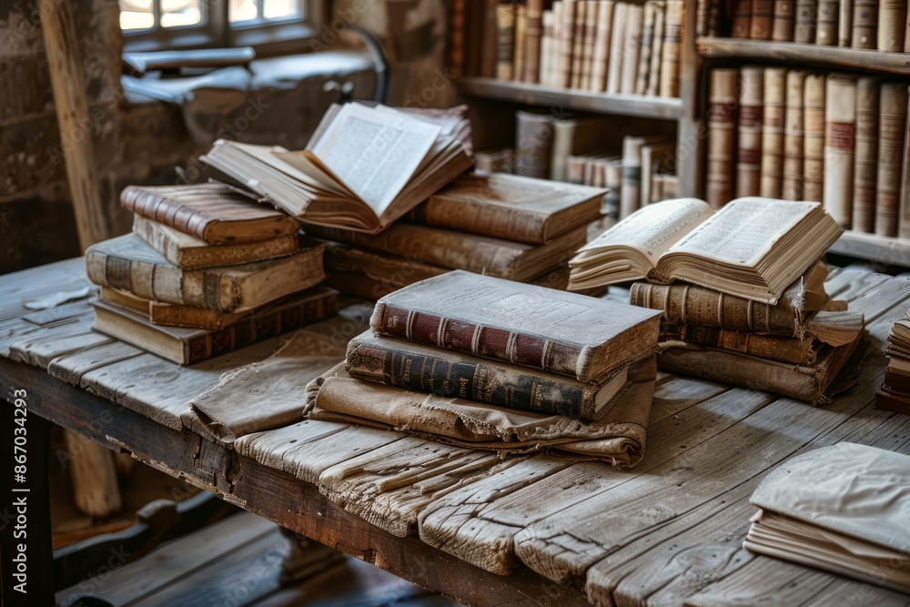 Poster old books with worn pages stacked on a rustic wooden table in a library, some of them open