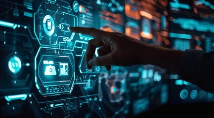 A hand pointing at an interactive screen displaying various digital data and cyber security symbols, representing the concept of advanced AI technology in business office environment.