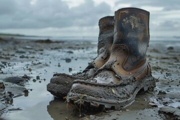 Muddy boots resting on a beach after a long day exploring nature