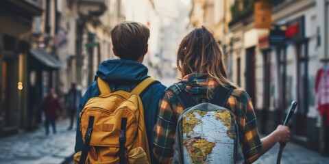 Obraz premium Backpackers Exploring a European City