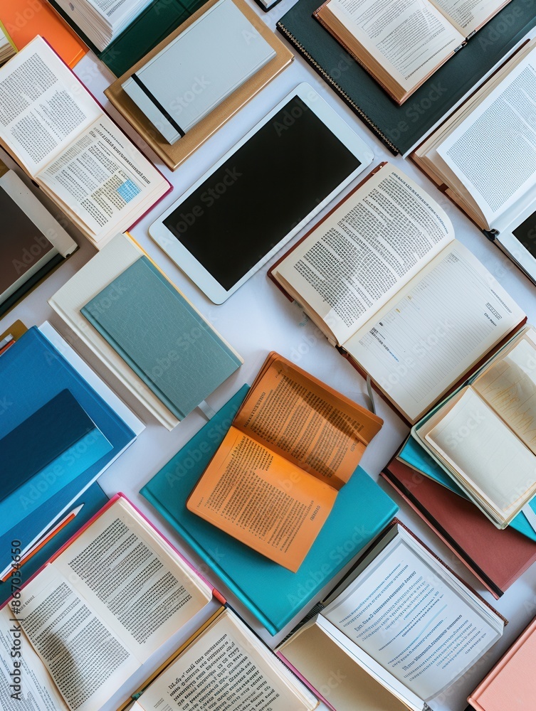Leinwandbilder a flat lay image featuring tablets and open e-books, showcasing the modern digital learning experien