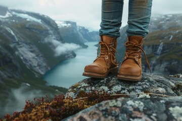 Hiker wearing brown leather boots is standing on a rock admiring the view of a beautiful fjord in norway