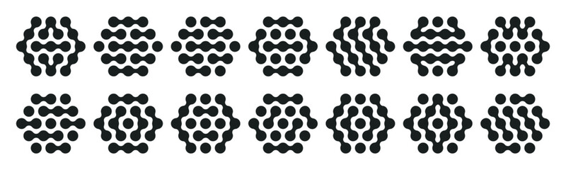 Abstract metaball hexagon shapes. Liquid spotted graphic design elements, connected liquid molecule figures flat vector illustration set. Modern tech metaball icon shapes